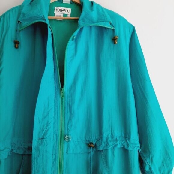 Vintage BERNARDO \ 100% Silk 90's Windbreaker Long Jacket Bright Blue M Flawed - Picture 7 of 15